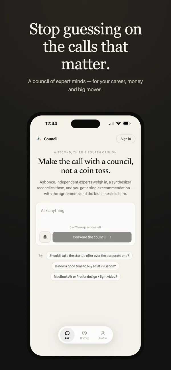 Council's ask screen: type in a decision and tap Convene the council