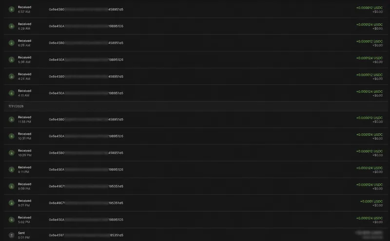 A wallet transaction history showing dozens of received dust deposits of 0.000012 and 0.000124 USDC, alternating between two lookalike addresses