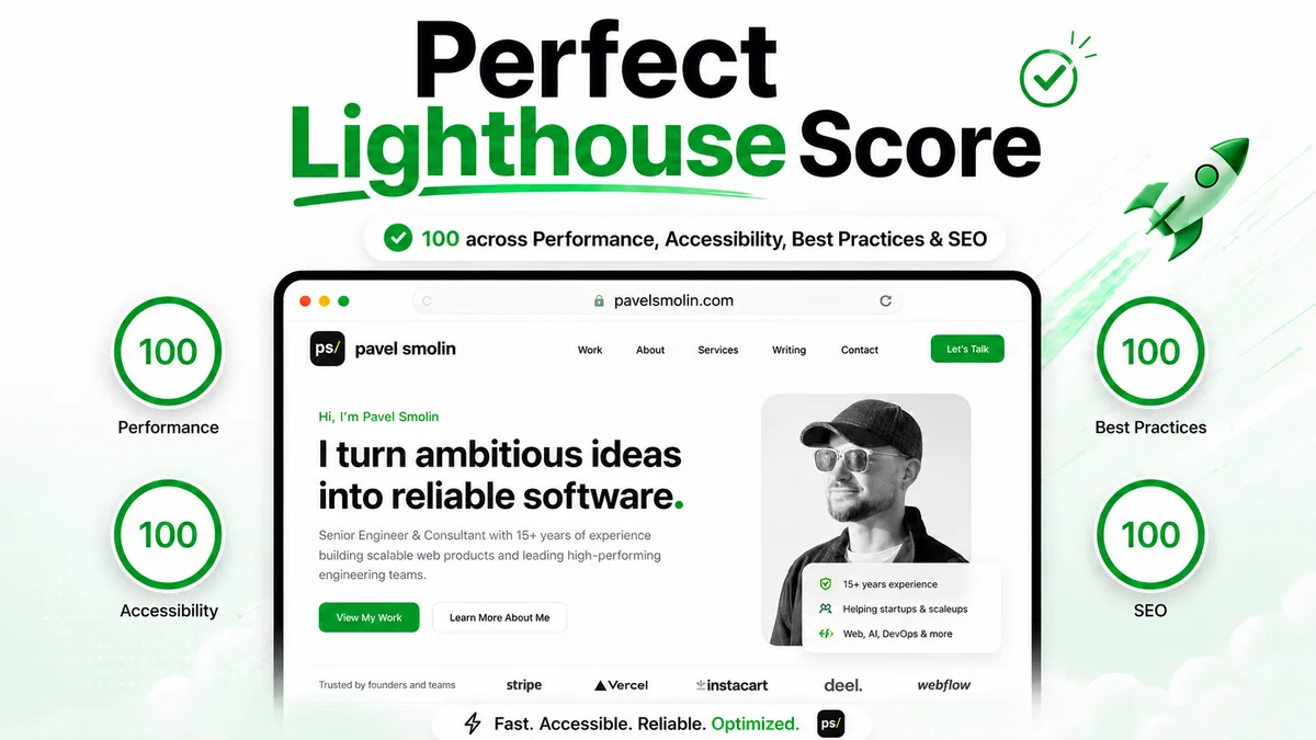 Perfect Lighthouse Score graphic showing 100 for Performance, Accessibility, Best Practices, and SEO