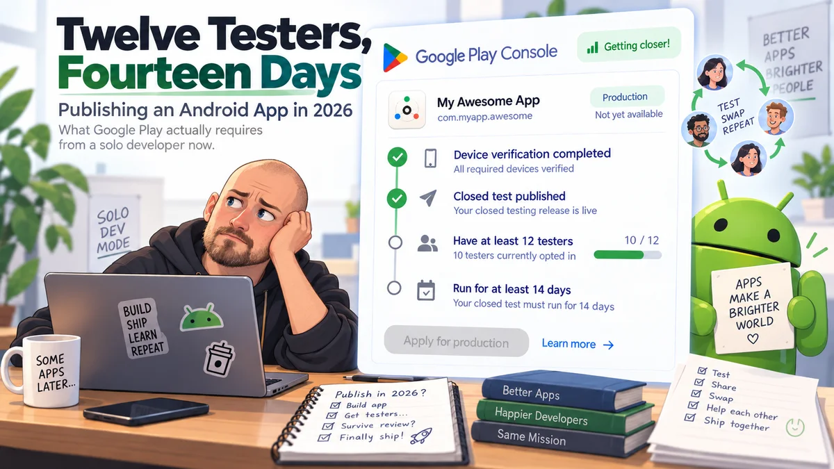 A solo developer waiting at a laptop beside a Google Play Console card: device verification and closed test done, 10 of 12 testers opted in, 14-day run pending, Apply for production greyed out