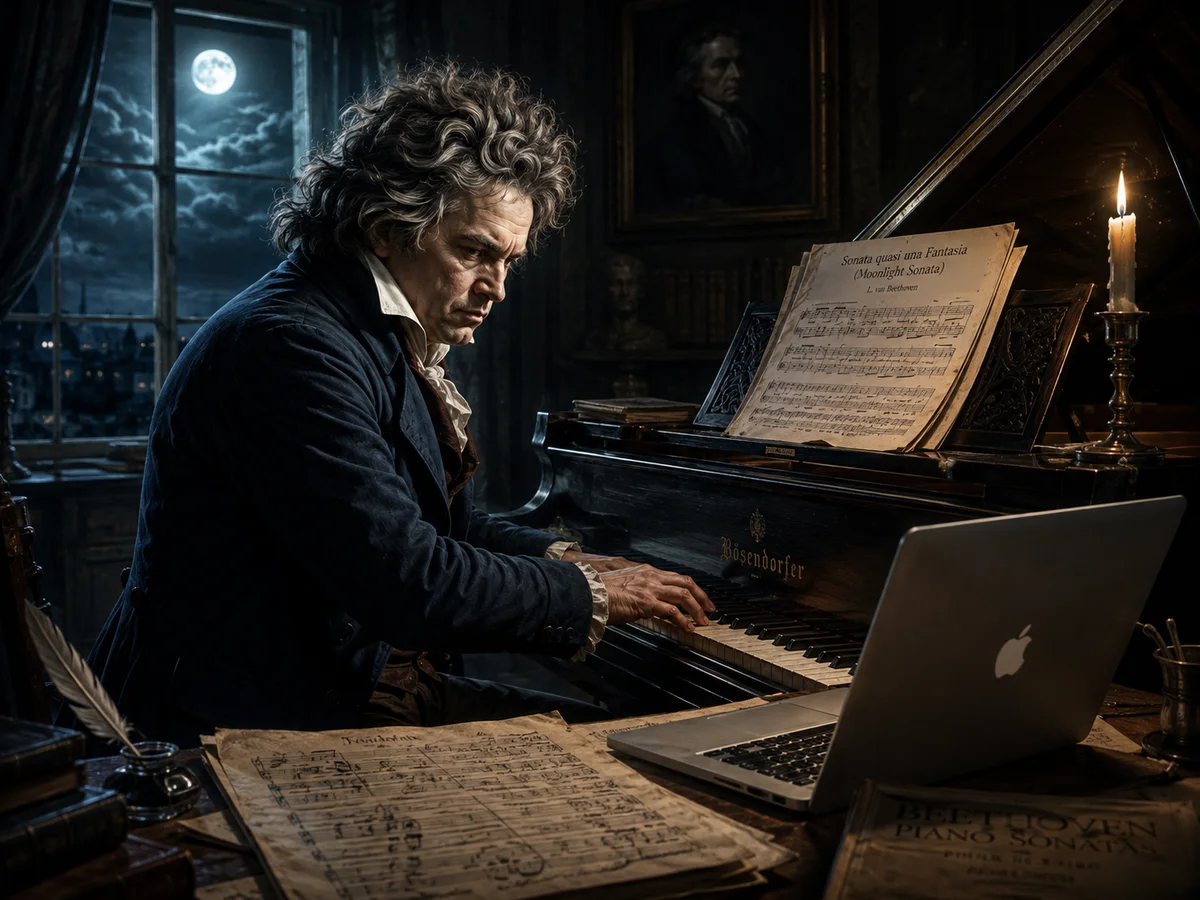 Beethoven playing the Moonlight Sonata at a piano beside a modern laptop